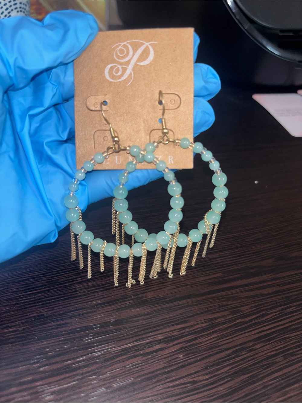 Plunder Design Beaded Hoop Earrings with Gold Chains